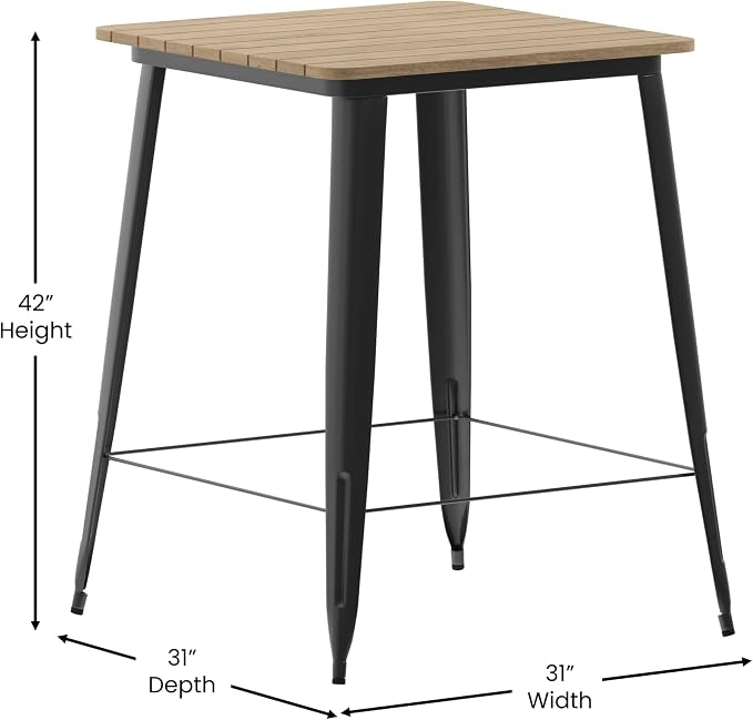 BizChair Commercial Outdoor Dining Table Bar Height, All Weather Poly Resin Top with Steel Base, 31.5" Square, Brown/Black