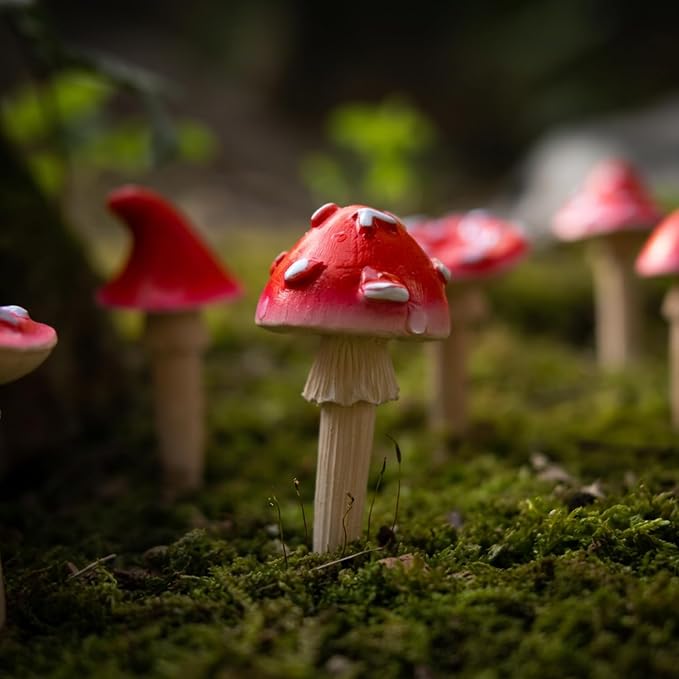 Fairy Garden Mushrooms for Outdoor Decor, 6Pcs Red Mini Mushroom Figurines | Resin Mushroom Miniatures for Fairy Garden Accessories, Plant Pot Decoration, Cute Terrarium, Yard and Lawn Decor