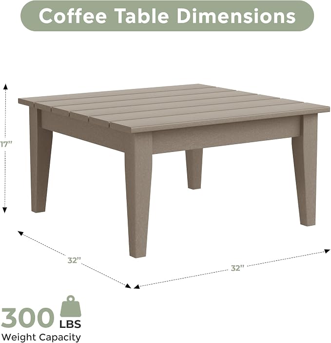 WestinTrends Ashore Outdoor Coffee Table, 32 Inch All Weather Poly Lumber Adirondack Patio Coffee Table Square Low Table, Weathered Wood