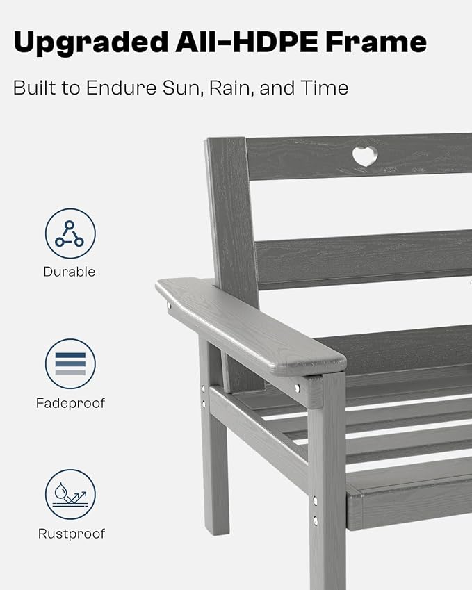 3 Piece HDPE Outdoor Patio Furniture Set, All-Weather 2 Armchairs with Side Table, Patio Conversation Set with Grey Washable Thick Cushion for Balcony/Porch/Backyard (Grey Frame)