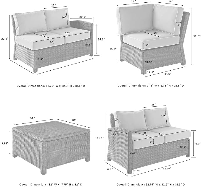 Crosley Furniture Bradenton 4-Piece Outdoor Sectional Sofa Wicker Conversation Patio Furniture Set for Deck, Brown with Gray Cushions