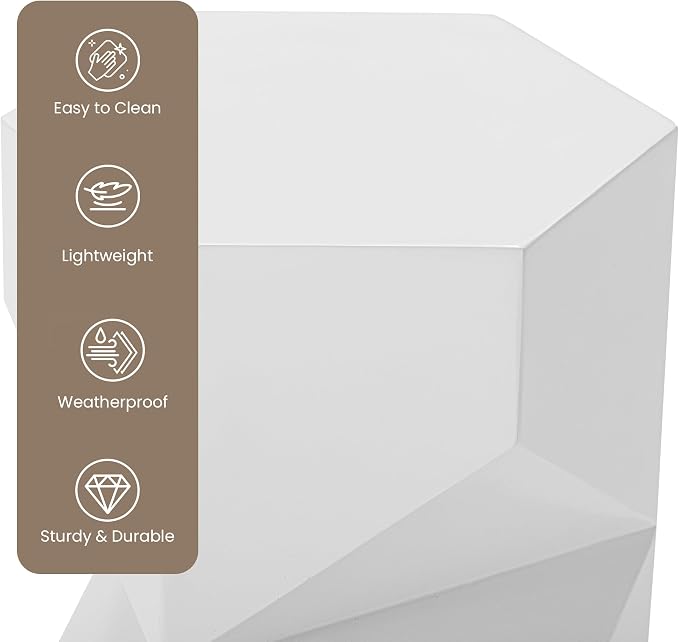 HOMPUS Outdoor Side Table Polygonal, Concrete End Table Hexagonal w Gloss Finish, Patio Accent Table Modern Design Home Decor, MgO Coffee Table for Living Room, Garden, Backyard, White