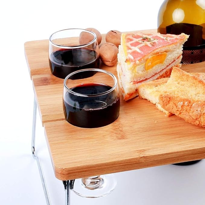 Portable Bamboo Picnic Wine Table for 4 - Folding Snack Tray with Bottle and Glass Holders - Low Camping and Beach Table for Outdoor Cheese and Charcuterie