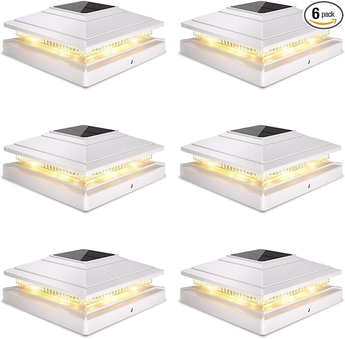 Post Cap Lights Outdoor 6pack, Waterproof Fence Post Solar Lights for 4x4 5x5 6x6 Wood/Vinyl Posts, White Solar Deck Post Lights with 2 Color Modes Decorate Garden Patio Porch Backyard