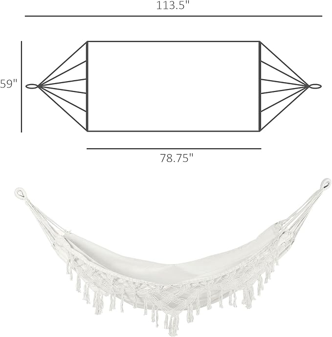 Boho Hammock Bed, Extra Large White Tree Hammock Hanging Bed with Macrame Tassel Fringe and Carrying Bag for Indoor Outdoor Backyard Patio Garden Relaxation