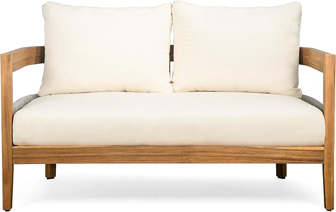 Merax 2 Piece Patio Outdoor Furniture Set, All-Weather Acacia Wood Curved Loveseat Sofa with Cushions,1 Coffee Table, Conversation Set for Backyard Deck Poolside, Teak+ Beige
