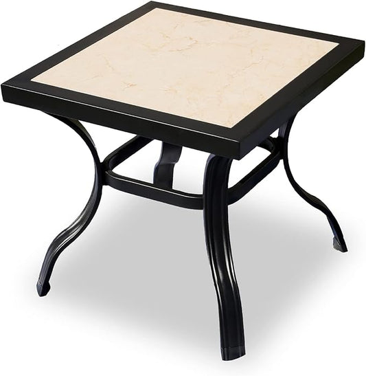 20.9" Outdoor Table Bistro Table with Ceramics Top Black Metal Frame Square Side Table for Bistro Balcony Deck, Off-White