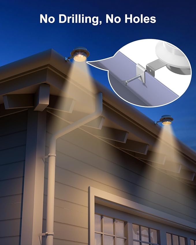 4 Pack White Bright Solar Powered Gutter Mounted Lights Outdoor Waterproof Led Fence Lamp for Lighting Rainspout, Railing, Outside House, Wall, Deck, Porch, Garage, Holeless Installation(Warm White)