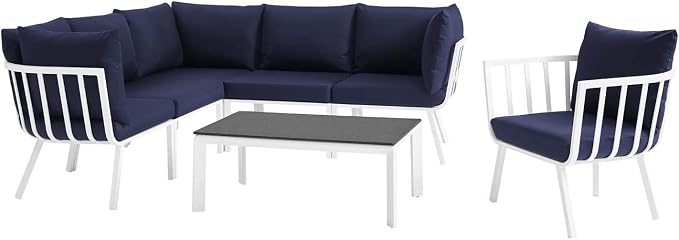 Modway Riverside 7 Piece Outdoor Patio Aluminum Set, 85.5 x 114 x 28, White Navy