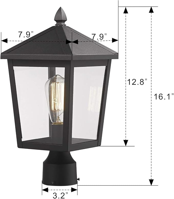 zeyu Outdoor Post Light, 16 Inch Exterior Pole Light Pillar Lantern with Clear Glass Shade and Black Finish, 20076P