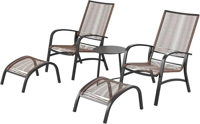 LAUSAINT HOME 5 Piece Patio Conversation Set, PE Wicker Rattan Outdoor Lounge Chairs with 2 Ottoman&Table, Wicker Conversation Bistro Set for Backyard, Porch, Balcony (Brown)