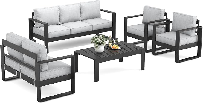 Outdoor Aluminum Furniture Set - 5 Pieces Modern Patio Conversation Sets Metal Sectional Sofa with Coffee Table