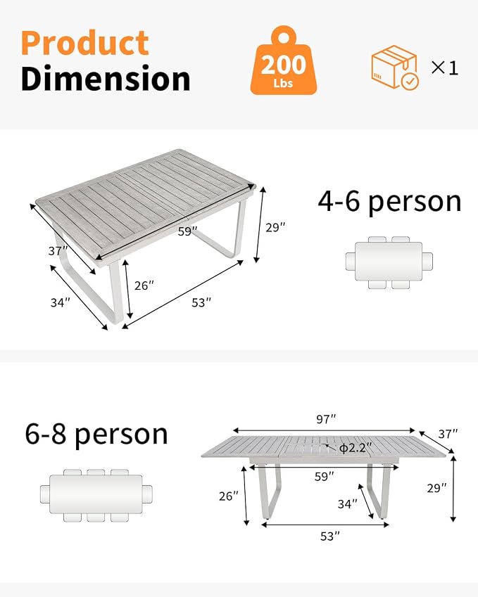 Expandable Outdoor Dining Table for 6-8 Person, Never-Rust Aluminum Extendable Dining Table with U-Shape Legs, 59"-97" Rectangular Patio Table for Porch, Deck, Backyard