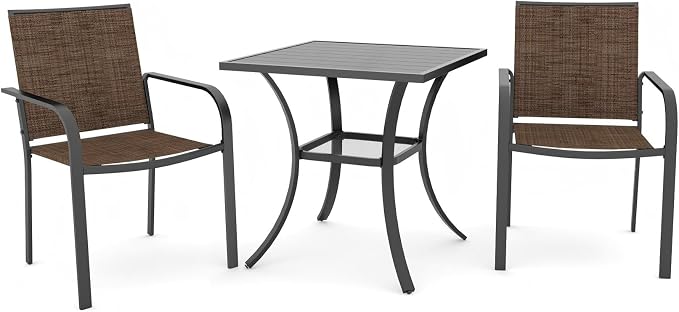 Anmutig 3-Piece Outdoor Dining Set, Small Metal Bistro Table with 2 Stackable Sling Chairs, 27.5 x 27.5 Inch Square Table, Brown Fabric