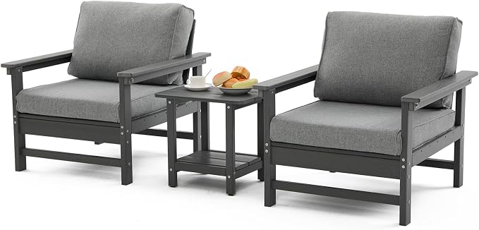 HDPE Outdoor Patio Bistro Set with Cushions, 3 Piece Patio Conversation Set Sofa Set,All Weather Outdoor Couch Set with Coffee Table for Lawn, Garden, Deck