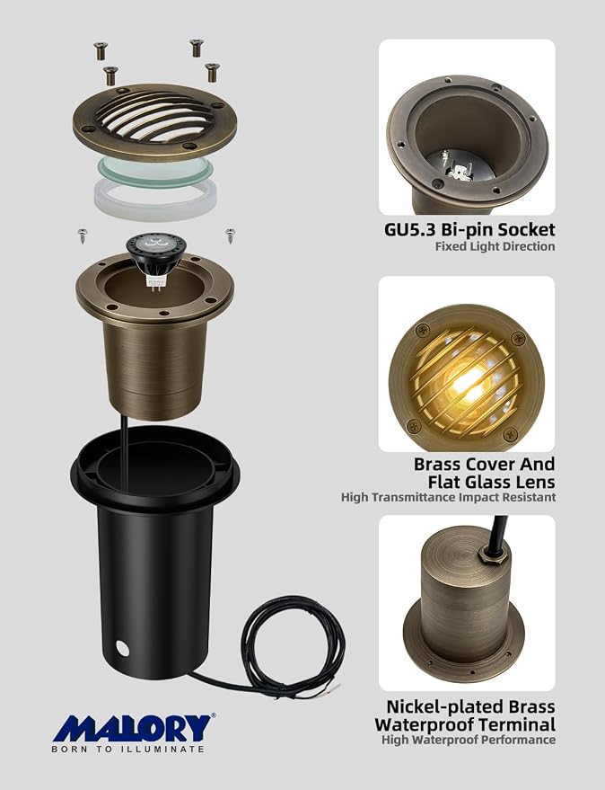 MALORY Brass Landscape Well Lights,(φ99 mm) 12V Low Voltage Outdoor In Ground Lights,Anti-Glare Landscape Lighting with 7W 540ML MR16 for Pathway, Driveway (Full Brass -01B, 4-Pack with Bulb)