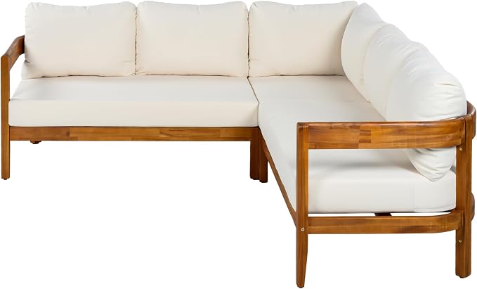 VilroCaz Outdoor Patio Furniture Set, L-Shaped Acacia Wood Sectional Sofa with 6 Soft Seat Cushions and Backpack, All-Weather Conversation Set with Arc Frame for Garden Backyard Porch (White-3.19)