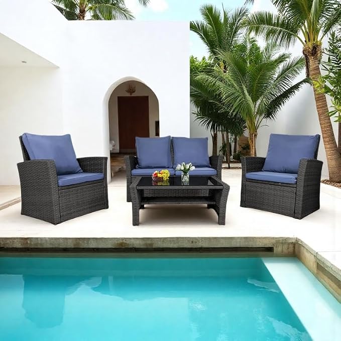 4 Piece Patio Furniture Set, All-Weather Wicker Sectional Conversation Set with Tempered Glass Table & Cushioned Sofa,Outdoor Sofa for Garden, Porch, Backyard (Black-Blue)