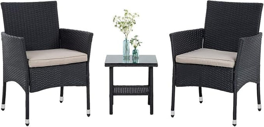 PayLessHere 3 Piece Furniture Patio Chairs Wicker Outdoor Rattan Conversation Bistro Set for Backyard Porch Poolside Lawn (Black)