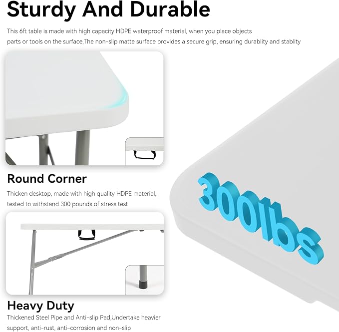 20 Pack of 6 Foot Foldable Table with Built in Handle & Steel Legs ,Heavy Duty Portable ,Perfect for Party, Dining, Wedding, Events, Picnic Indoor, Outdoor, Camping, Utility, Folding(white-20pac)