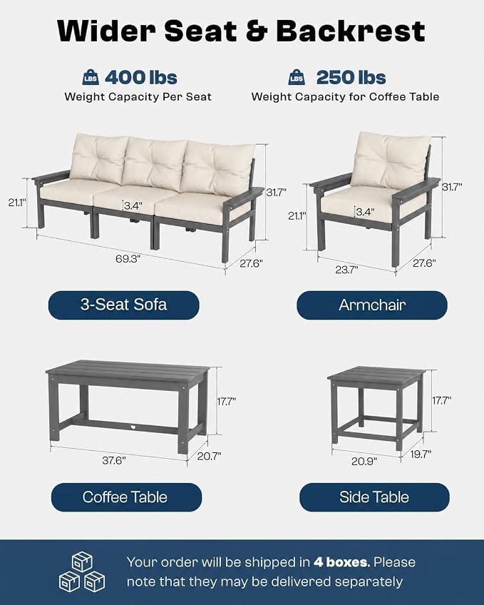 HDPE Patio Sofa Set, 4-Piece Sectional Outdoor Patio Furniture Set, All Weather Outdoor Couch Set with Coffee Table & Beige Washable Thick Cushions for Balcony, Porch, (Grey Frame)