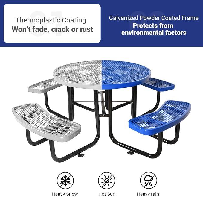 46" Thermoplastic Picnic Table with Umbrella Hole up to 1.5", Heavy Duty Commercial Picnic Table for Outdoor, Family & Party Ready for School Camping, Round, Blue