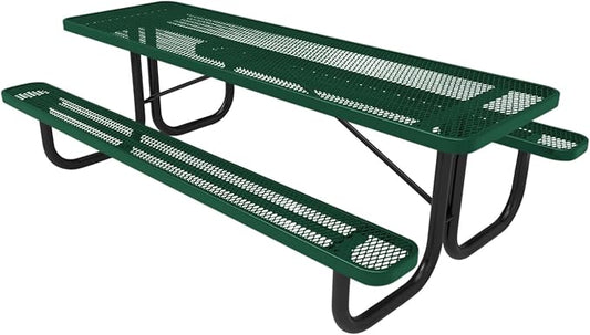 COATEDOUTDOORFURNITURE Heavy-Duty Portable Outdoor Picnic Table, Thermoplastic Coated Expanded Metal Commercial-Grade Patio Dining Furniture Made in America (8ft Rectangular, Textured Green)