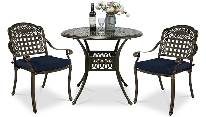 VIVIJASON 3-Piece Outdoor Patio Bistro Set, All-Weather Cast Aluminum Furniture Dining Sets Include 2 Cushioned Chairs and 35.4" Round Table w/Umbrella Hole for Balcony, Garden, Navy Blue Cushion