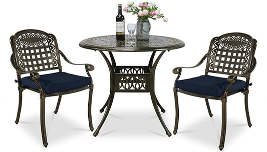 VIVIJASON 3-Piece Outdoor Patio Bistro Set, All-Weather Cast Aluminum Furniture Dining Sets Include 2 Cushioned Chairs and 35.4" Round Table w/Umbrella Hole for Balcony, Garden, Navy Blue Cushion
