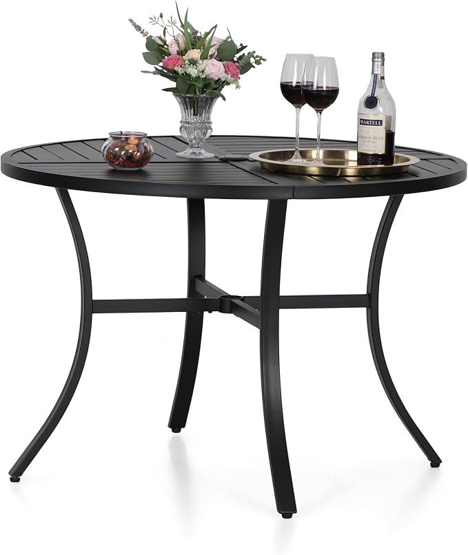 MFSTUDIO 42" Big Outdoor Dining Table with Adjustable mbrella Hole, Patio Metal All-Weather Round Table for Backyard Lawn Garden