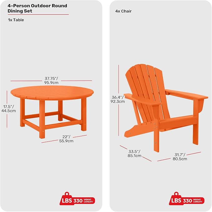 Costaelm Patio Conversation Set, Outdoor Chairs Set of 5 Balcony Firepit Furniture Outdoor Adirondack Round Table and Chair Backyard Furniture Set for Lawn Porch Pool Garden, Orange