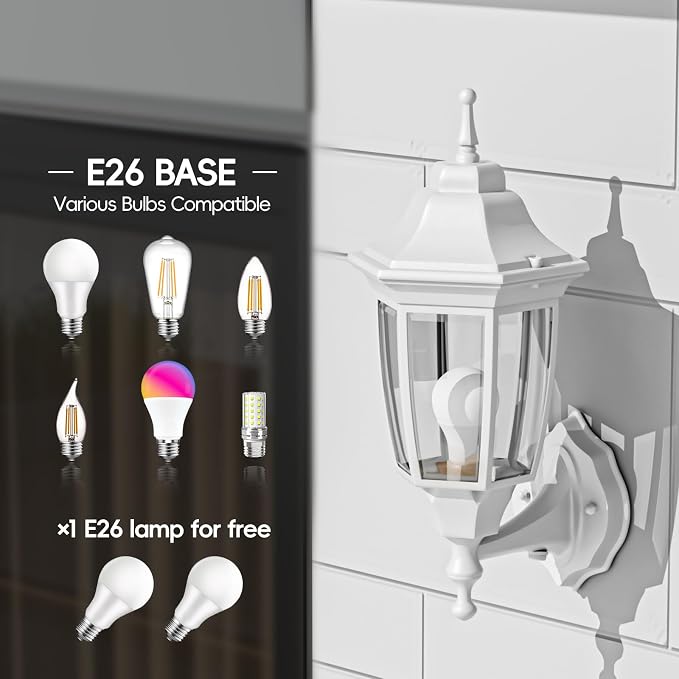 EMART Dusk to Dawn Outdoor Porch Light with Bulb, Wall Lamp(1 Pack, White) | Exterior Anti-Corrosion, Waterproof Aluminum & Glass Shades, Modern Sconce Lantern Fixtures for Outside, House, Garage