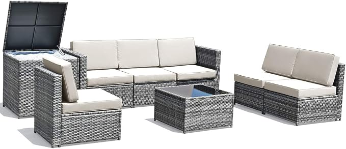 RELAX4LIFE 8-Piece Patio Furniture Set - PE Wicker Conversation Set w/Soft Cushions & Tempered Glass Storage Table, Outdoor Sectional Sofa Set for Garden, Poolside, Backyard (White)