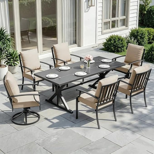 ALAULM 7-Piece Patio Dining Set,Outdoor Metal Dining Set with 2 Swivel Chairs & Rectangle Table with 1.5 Umbrella Hole, Patio Dining Table and Chairs for Backyard,Sand
