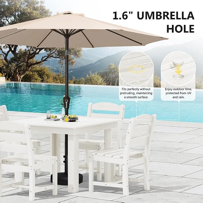 KINGYES 5-Piece HDPE Outdoor Dining Set for 4, Square Patio Table & Armless Chairs with Umbrella Hole, All-Weather Patio Dining Set for Backyard, Garden, Lawn & Poolside, White