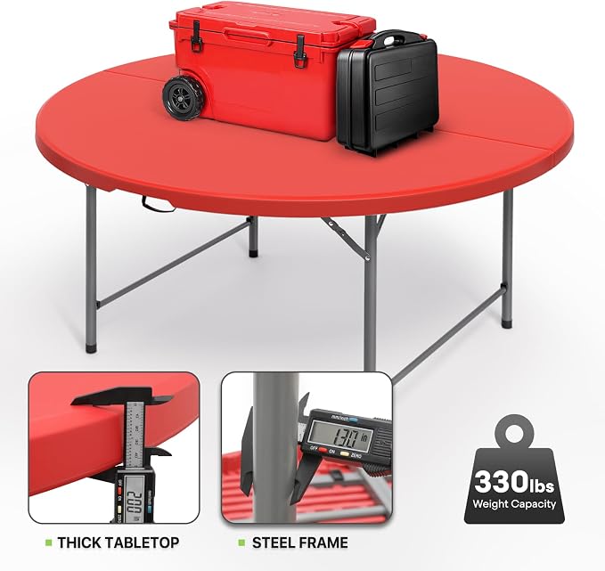 Magshion 60" Round Folding Table, 5 Feet Bi-Folding Plastic Commercial Dining Card Table w/Carrying Handle for Outdoor Wedding Party Event Picnic, Red