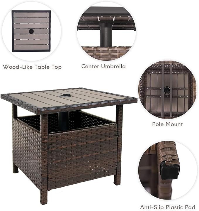 Sundale Outdoor Patio Umbrella Stand All Weather Wicker Rattan 22 in Umbrella Table Garden Furniture Deck Pool Table, Brown