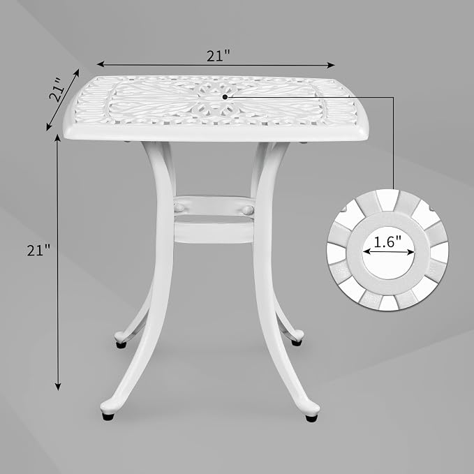 Bonnlo 21 Inch Cast Aluminum Outdoor Side Table with Umbrella Hole, Anti-Rust Coffee Bistro Table for Outdoor, Patio, Garden, Porch, Balcony End Table (Square, White)