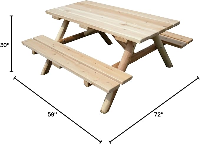 Furniture Barn USA Outdoor White Cedar Log 6' Picnic Table with Attached Benches
