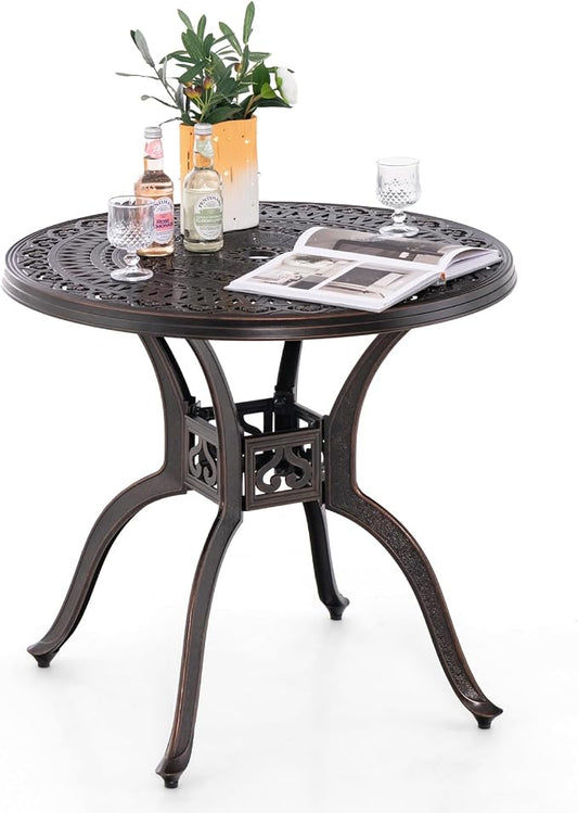 Giantex 31.5" Patio Bistro Table, Cast Aluminum Table Side Table with 2" Umbrella Hole & Adjustable Footpads, All-Weather Metal Outdoor Round Dining Table for Porch, Backyard