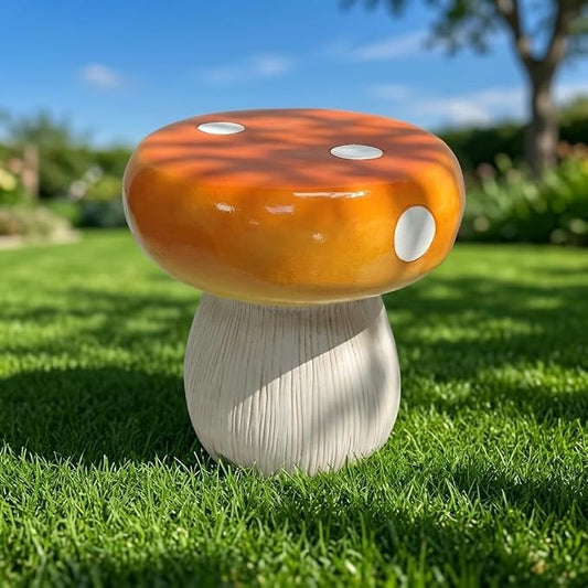 13.8" Mushroom Resin Stool, Novelty Fruit Side Table & Plant Stand, Whimsical Indoor Outdoor Garden Patio Decor, No Assembly Required (Orange Mushroom)