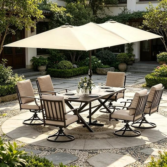 ALAULM 7-Piece Patio Dining Set with 14FT Patio Umbrella,Outdoor Dining Set with 6 Swivel Chairs & Rectangle Table with1.5 Umbrella Hole, Patio Dining Table and Chairs for Backyard, Sand