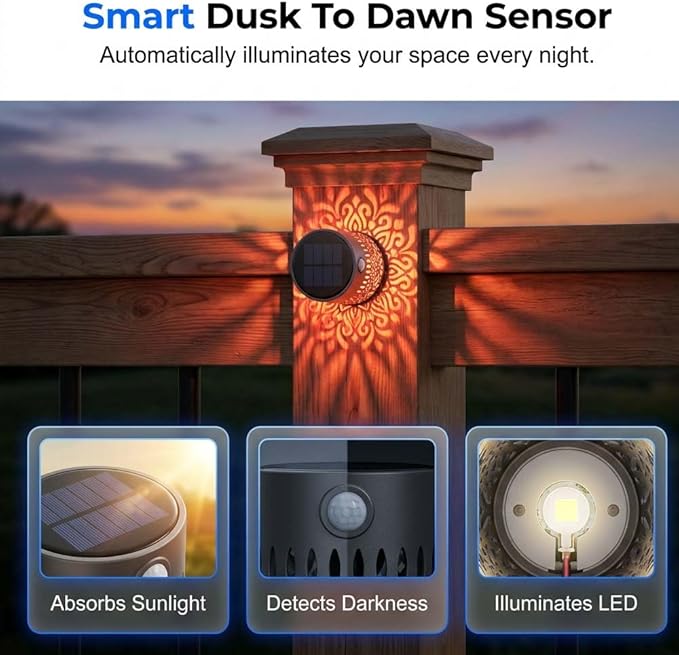 Decorative Solar Mandala Lights, Metal Solar Powered Outdoor Wall Lights Solar Powered Deck Step Stair Light, Waterproof Mandalas Fence Light for Garden Yard Backyard Post Patio Decor (2, Flower)