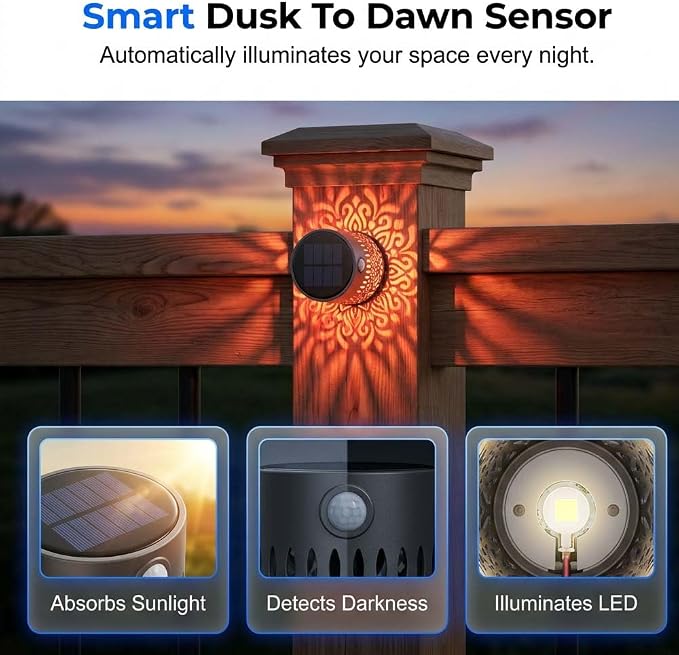 Decorative Solar Mandala Lights, Metal Solar Powered Outdoor Wall Lights Solar Powered Deck Step Stair Light, Waterproof Mandalas Fence Light for Garden Yard Backyard Post Patio Decor (4, Flower)