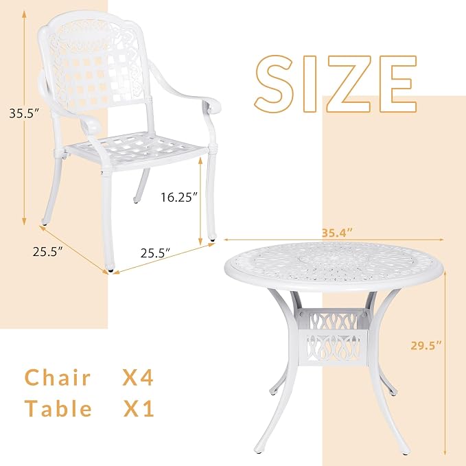 5-Piece Outdoor Patio Dining Set, All-Weather Cast Aluminum Patio Furniture Set with 4 Chairs and 35.4" Round Table for Backyard Garden Deck, 2" Umbrella Hole, White