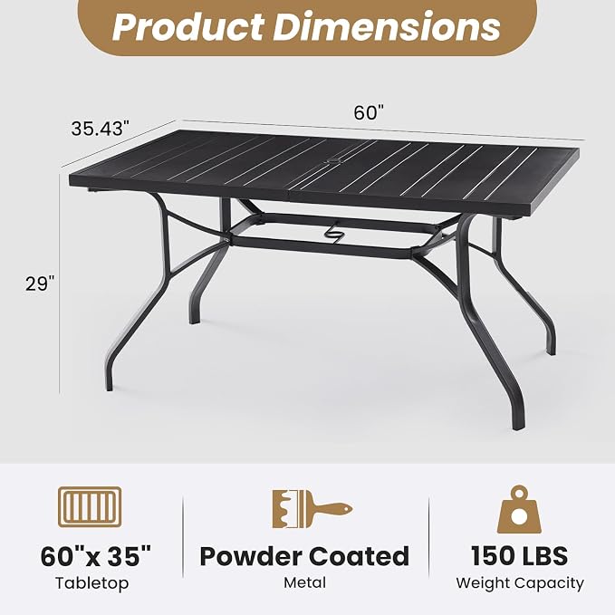 Soohow Outdoor Dining Table 60"x35", Rectangle Patio Dining Table with 1.57" Umbrella Hole, Outdoor Metal Furniture for Patio, Graden, Backyard and Poolside, Weather-Resistant