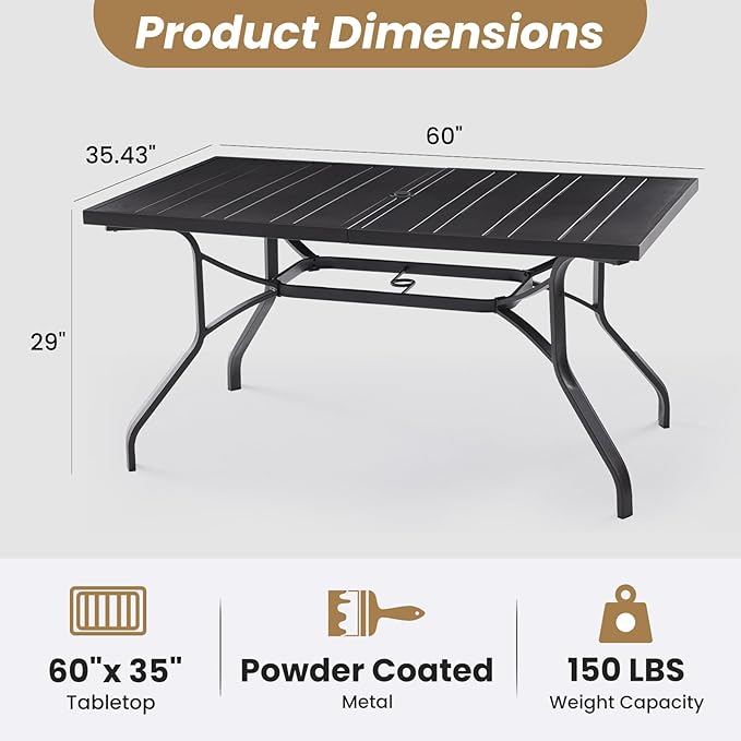 Soohow Outdoor Dining Table 60"x35", Rectangle Patio Table with 1.57" Umbrella Hole, Outdoor Metal Tables for Patio, Graden, Backyard and Poolside, Weather-Resistant