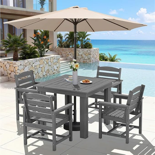 KINGYES HDPE Outdoor Dining Set for 4 with Umbrella, 6-Piece Square Patio Table & Armchairs, All-Weather for Backyard, Garden, Lawn & Poolside, Gray