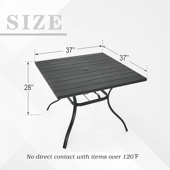 Anmutig Outdoor Dining Table with 1.6" Umbrella Hole, 37" Square Plastic Patio Table with Metal Steel Frame for Picnic, Garden, Poolside, Backyard, Black