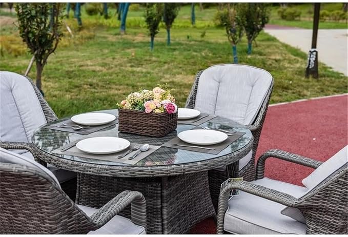 Patio 5-Pieces Gray Round Aluminum Rattan Outdoor Dining Set with Chairs